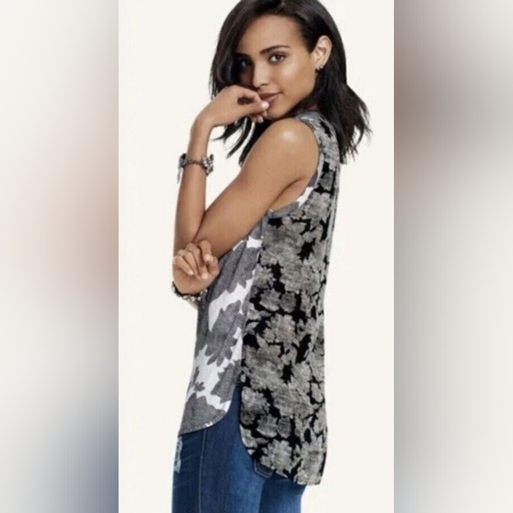 Cabi Tango Floral Draped Mixed Media Sleeveless Tunic Top Women's sz S